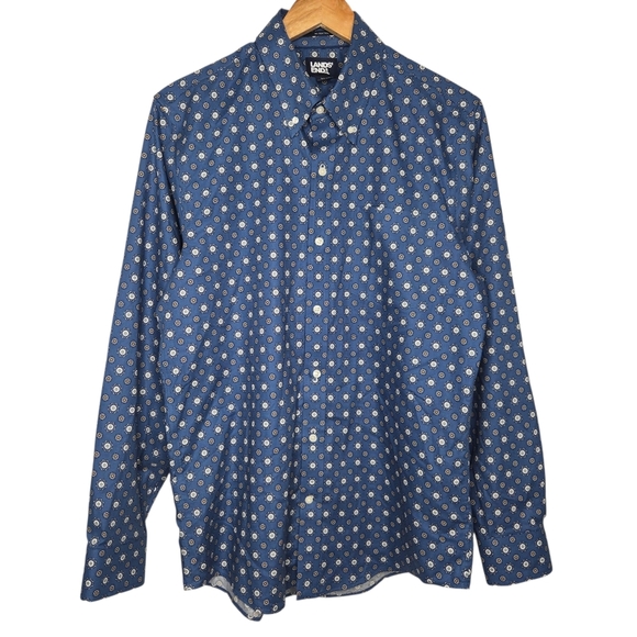 Lands End Traditional Fit No Iron Twill Mens Geo Print Button Shirt 15 - 15 1/2 - Picture 1 of 15